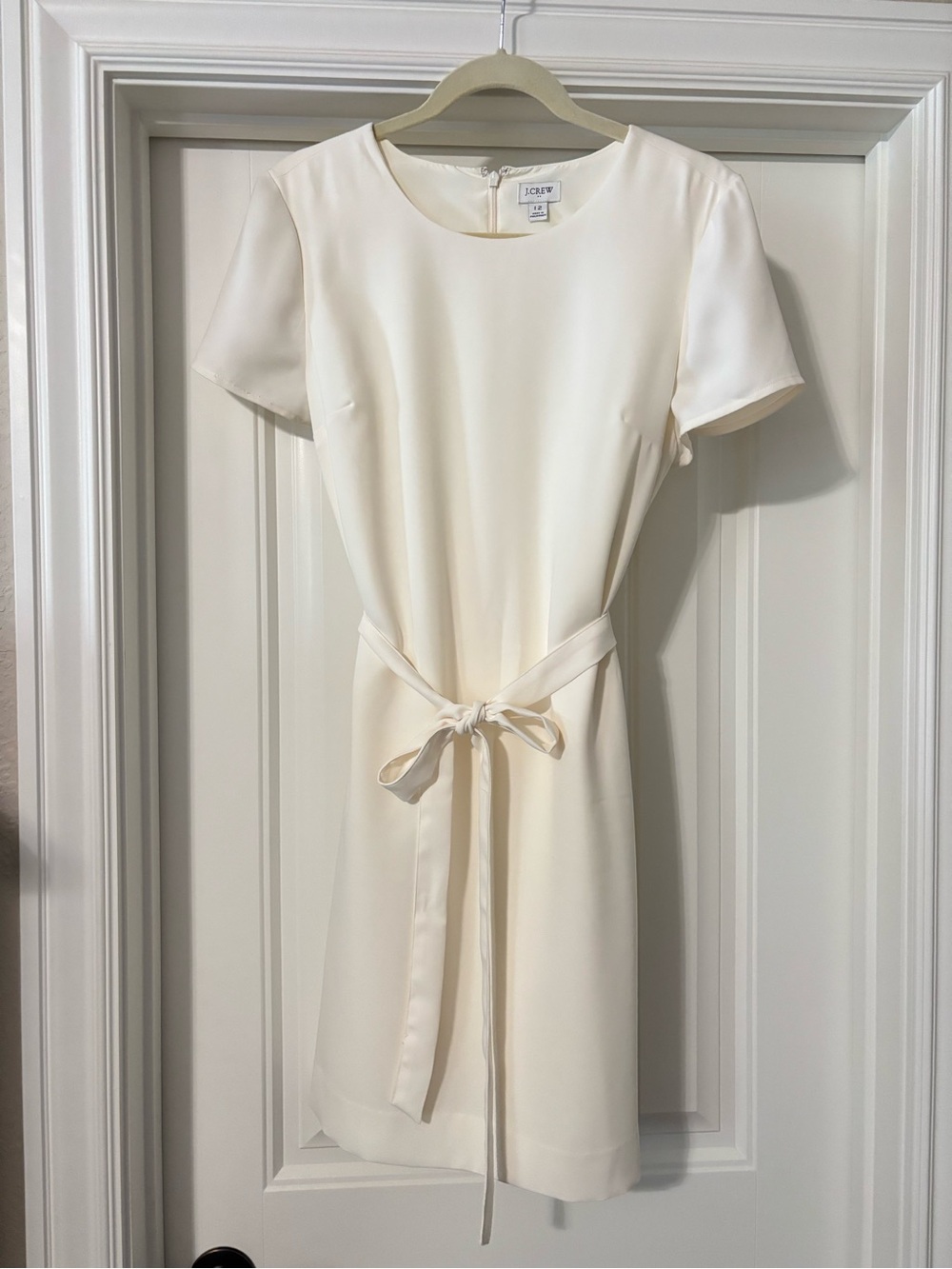 J. Crew Short-Sleeve Ivory Belted Suiting Dress